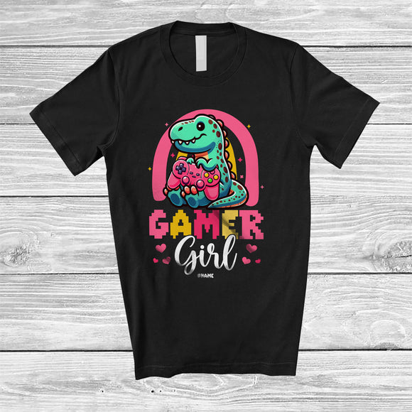 MacnyStore - Personalized Custom name Gamer Girl; Adorable T rex Playing Video Games Gaming; Family T-Shirt