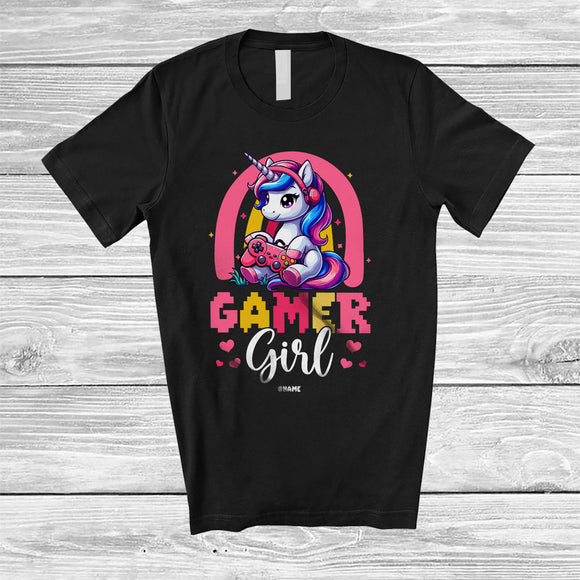 MacnyStore - Personalized Custom name Gamer Girl; Adorable Unicorn Playing Video Games Gaming; Family T-Shirt