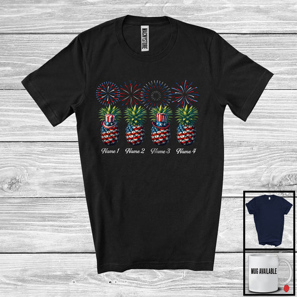 MacnyStore - Personalized Custome Name Four Pineapple, Lovely 4th Of July Fireworks, Vegan Patriotic Group T-Shirt