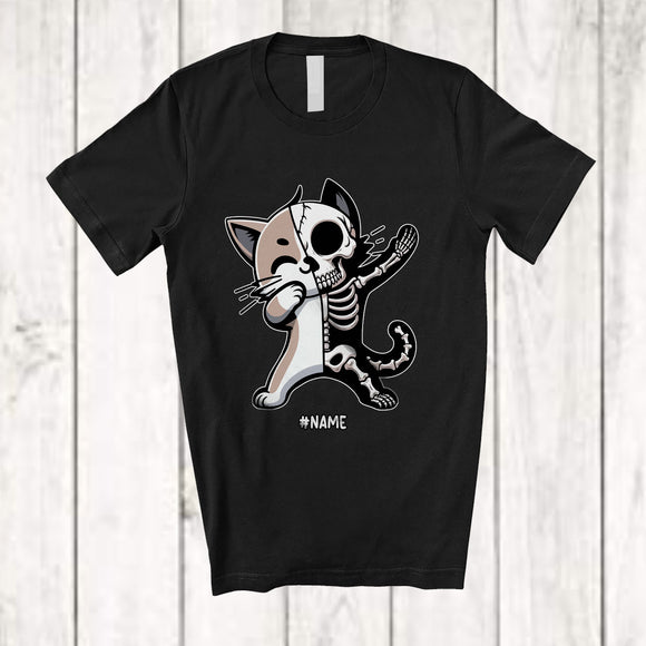 MacnyStore - Personalized Dabbing Cat Skeleton; Joyful Halloween Custom Name Cat Owner Family Group T-Shirt