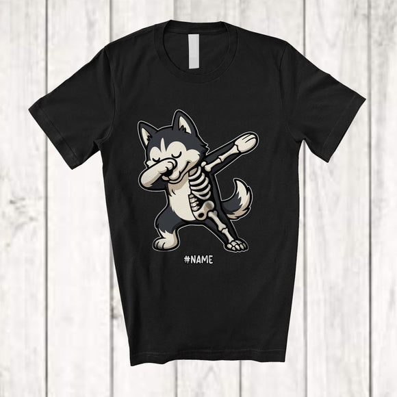 MacnyStore - Personalized Dabbing Husky Skeleton; Joyful Halloween Custom Name Owner Family Group T-Shirt