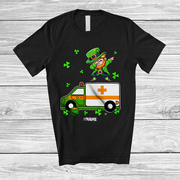MacnyStore - Personalized Dabbing Leprechaun On Ambulance; Happy St. Patrick's Day Custom Name Boy Driver T-Shirt