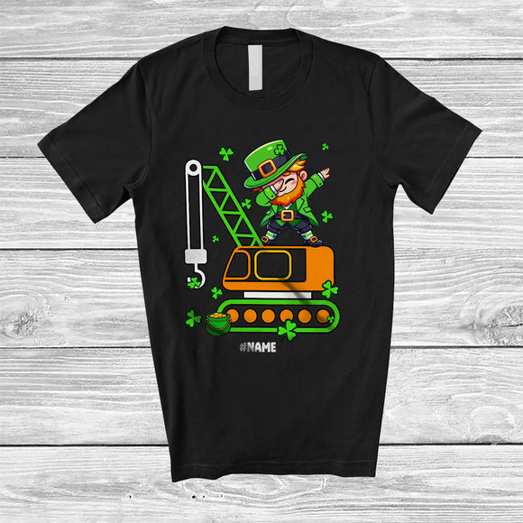 MacnyStore - Personalized Dabbing Leprechaun On Crane Truck; Happy St. Patrick's Day Custom Name Boy Driver T-Shirt