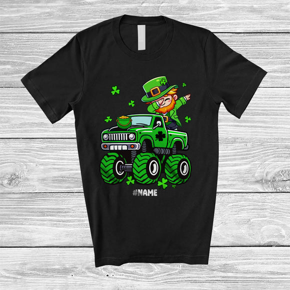 MacnyStore - Personalized Dabbing Leprechaun On Monster Truck; Happy St. Patrick's Day Custom Name Boy Driver T-Shirt