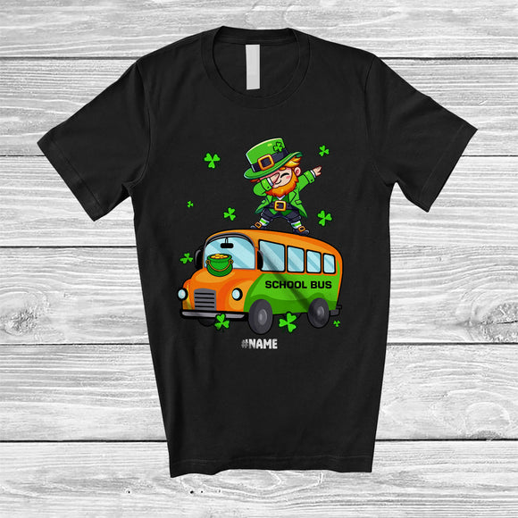 MacnyStore - Personalized Dabbing Leprechaun On School Bus; Happy St. Patrick's Day Custom Name Boy Driver T-Shirt