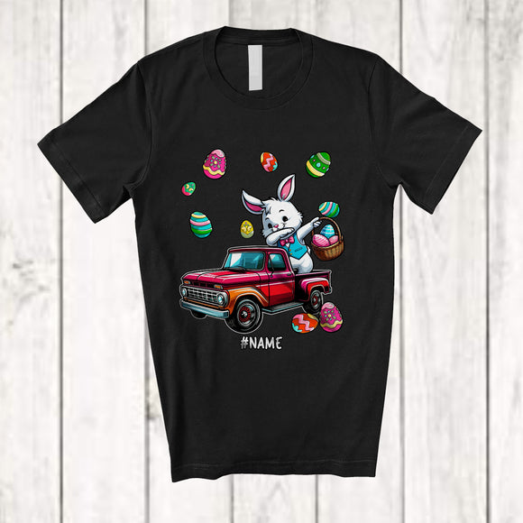MacnyStore - Personalized Dabbing Rabbit On Pickup Truck; Cheerful Easter Custom Name Boy Bunny; Egg Hunt T-Shirt