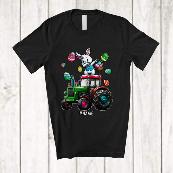MacnyStore - Personalized Dabbing Rabbit On Tractor; Cheerful Easter Custom Name Boy Bunny; Egg Hunt T-Shirt