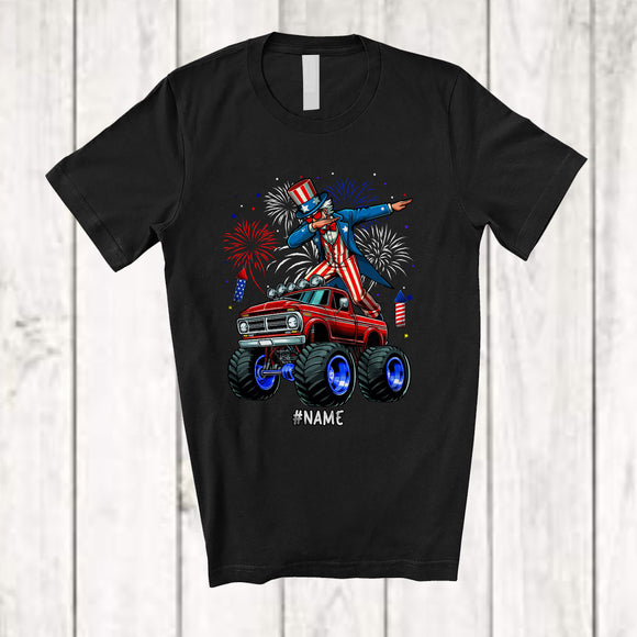 MacnyStore - Personalized Dabbing Uncle Sam On Monster Truck; Cheerful 4th Of July Custom Name Patriotic T-Shirt