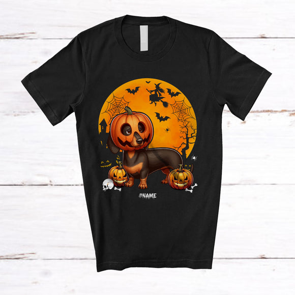 MacnyStore - Personalized Dachshund Pumpkin Cosplay; Scary Halloween Moon Custom Name Dachshund Owner T-Shirt