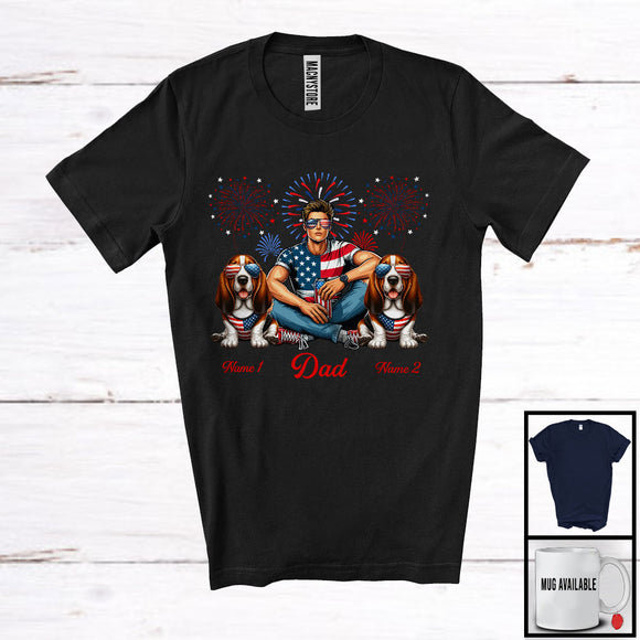MacnyStore - Personalized Dad With Two Custom Name Basset Hound, Amazing 4th Of July Fireworks Patriotic T-Shirt