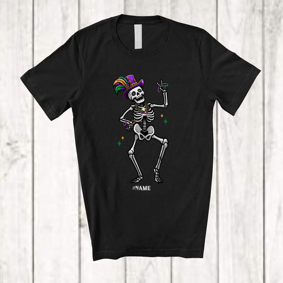 MacnyStore - Personalized Dancing Skeleton; Humorous Mardi Gras Skeleton Wearing Jester Hat Beads; Family T-Shirt