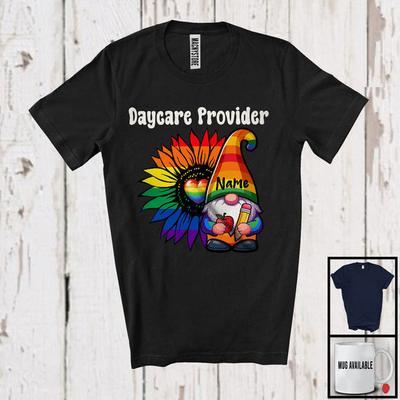 MacnyStore - Personalized Daycare Provider, Colorful LGBTQ Pride Sunflower Gnome, Custom Name Gay Rainbow T-Shirt