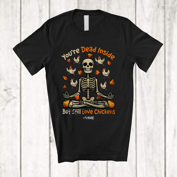 MacnyStore - Personalized Dead Inside Still Love Chickens; Scary Halloween Custom Name Skeleton Yoga Workout T-Shirt