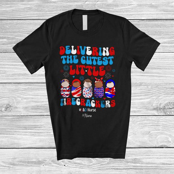 MacnyStore - Personalized Delivering The Cutest Little Firecrackers; Lovely 4th Of July Custom Name L&D Nurse T-Shirt