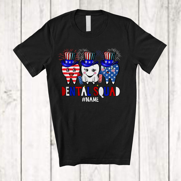 MacnyStore - Personalized Dental Squad; Amazing 4th Of July Three Teeth US Flag; Custom Name Dentist T-Shirt