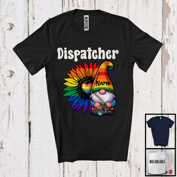 MacnyStore - Personalized Dispatcher, Colorful LGBTQ Pride Sunflower Gnome, Custom Name Gay Flag Rainbow T-Shirt
