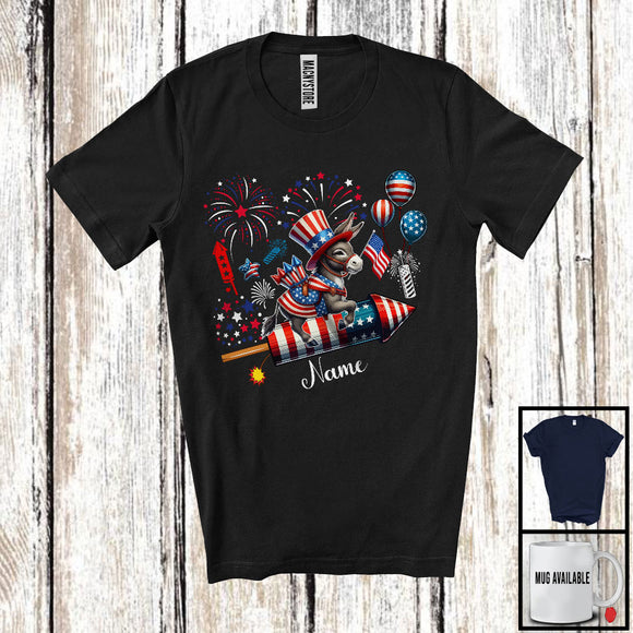 MacnyStore - Personalized Donkey Riding Firecracker, Lovely 4th Of July USA Flag Custom Name, Farm Animal T-Shirt