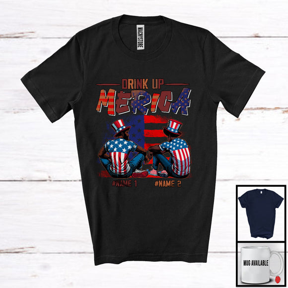 MacnyStore - Personalized Drink Up Merica, Proud 4th Of July Custom Name 2 Men Afro Black, Patriotic T-Shirt