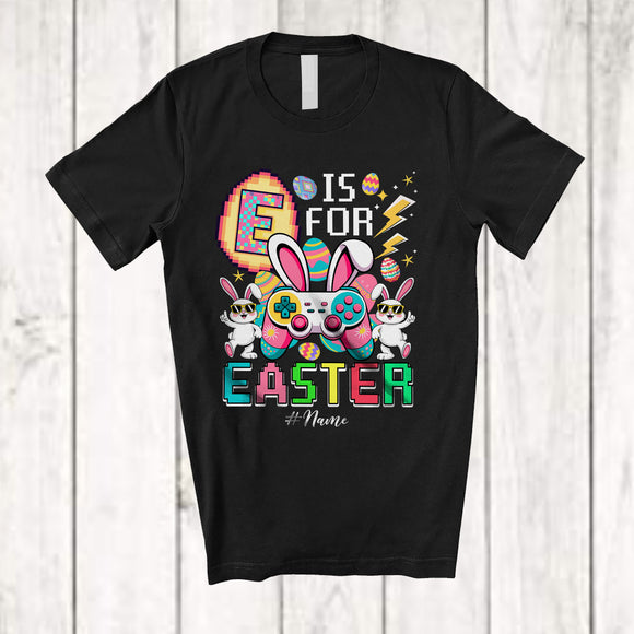 MacnyStore - Personalized E Is For Easter; Cheerful Easter Bunny Video Games Controller; Custom Name Gamer T-Shirt