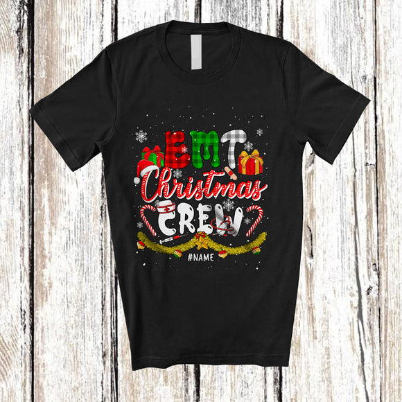 MacnyStore - Personalized EMT Christmas Crew; Amusing X-mas Plaid Snow; Custom Name Nurse Nursing T-Shirt