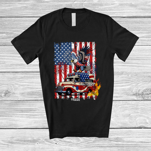 MacnyStore - Personalized Eagle Riding Ambulance; Joyful 4th of July US Flag; Custom Name Driver Patriotic T-Shirt