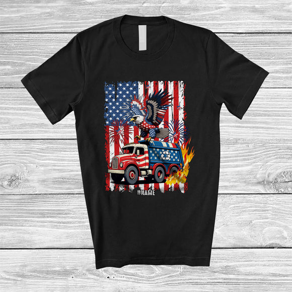 MacnyStore - Personalized Eagle Riding Garbage Truck; Joyful 4th of July US Flag; Custom Name Driver Patriotic T-Shirt