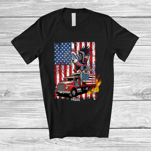MacnyStore - Personalized Eagle Riding Truck; Joyful 4th of July US Flag; Custom Name Driver Patriotic T-Shirt