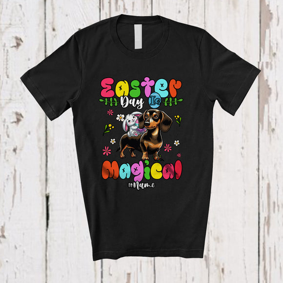 MacnyStore - Personalized Easter Day Is Magical; Lovely Bunny Riding Dachshund; Custom Name Family Egg Hunt T-Shirt