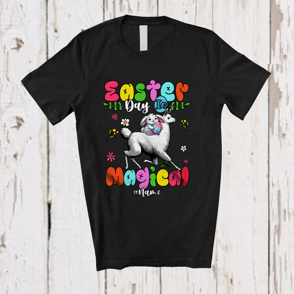 MacnyStore - Personalized Easter Day Is Magical; Lovely Bunny Riding Llama; Custom Name Family Egg Hunt T-Shirt