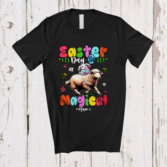 MacnyStore - Personalized Easter Day Is Magical; Lovely Bunny Riding Sheep; Custom Name Family Egg Hunt T-Shirt