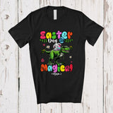MacnyStore - Personalized Easter Day Is Magical; Lovely Bunny Riding T-Rex; Custom Name Family Egg Hunt T-Shirt