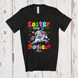 MacnyStore - Personalized Easter Day Is Magical; Lovely Bunny Riding Unicorn; Custom Name Family Egg Hunt T-Shirt