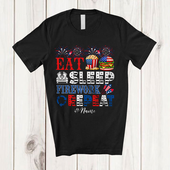 MacnyStore - Personalized Eat Sleep Firework Repeat; Amazing 4th Of July Activities; Custom Name Patriotic T-Shirt