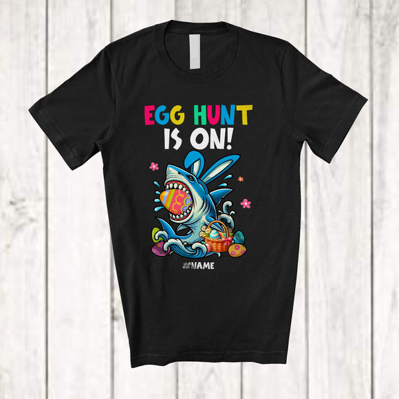 MacnyStore - Personalized Egg Hunt Is ON; Awesome Easter Bunny Shark Hunting Eggs; Custom Name Family T-Shirt