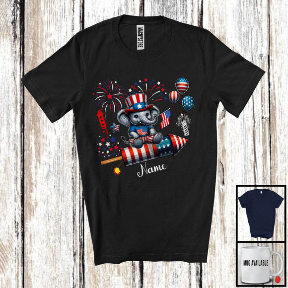 MacnyStore - Personalized Elephant Riding Firecracker, Lovely 4th Of July USA Flag Custom Name, Zoo Animal T-Shirt