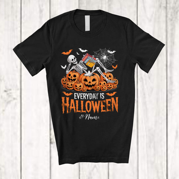 MacnyStore - Personalized Everyday Is Halloween; Scary Custom Name Skeleton Tired Librarian Pumpkins T-Shirt