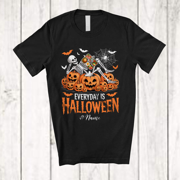 MacnyStore - Personalized Everyday Is Halloween; Scary Custom Name Skeleton Tired Lunch Lady Pumpkins T-Shirt