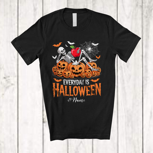MacnyStore - Personalized Everyday Is Halloween; Scary Custom Name Skeleton Tired Paraprofessional Pumpkins T-Shirt