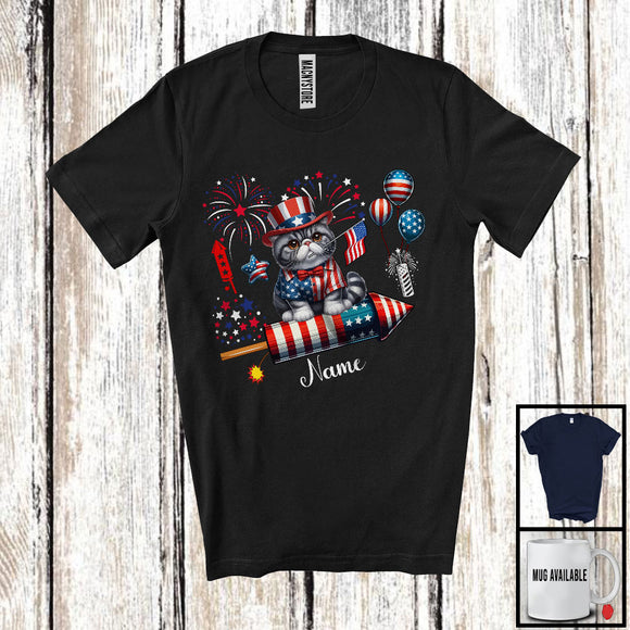 MacnyStore - Personalized Exotic Shorthair Riding Firecracker, Lovely 4th Of July USA Flag Custom Name, Kitten Owner T-Shirt