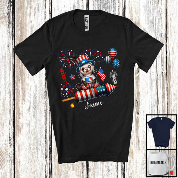 MacnyStore - Personalized Ferret Riding Firecracker, Lovely 4th Of July USA Flag Custom Name, Zoo Animal T-Shirt