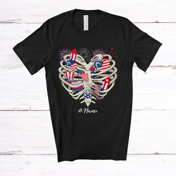 MacnyStore - Personalized Firecrackers In X-Ray Skeleton Heart Shape; Joyful 4th of July Custom Name Patriotic T-Shirt