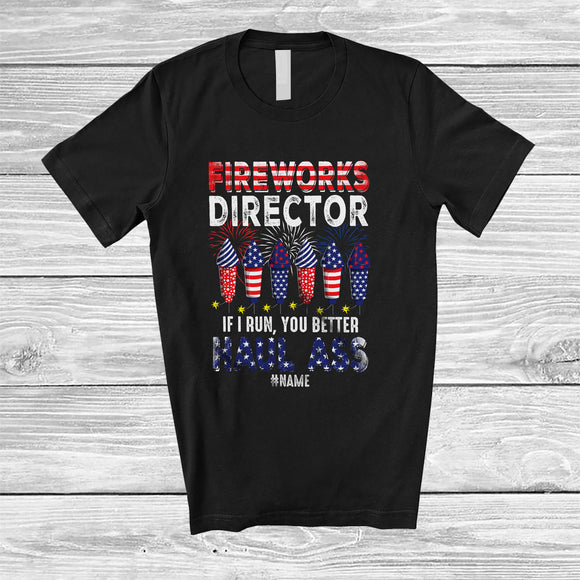 MacnyStore - Personalized Fireworks Director If I Run; Sarcastic 4th Of July USA Flag; Custom Name Patriotic T-Shirt