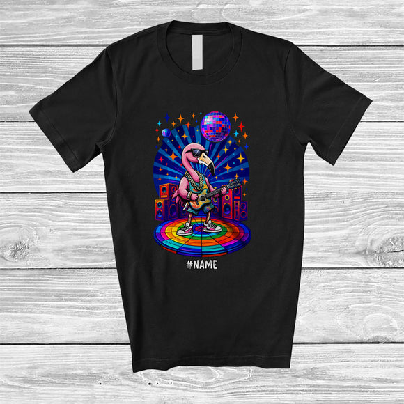 MacnyStore - Personalized Flamingo Sunglasses Disco Playing Rock Guitar; Amusing Custom Name Guitarist Music T-Shirt