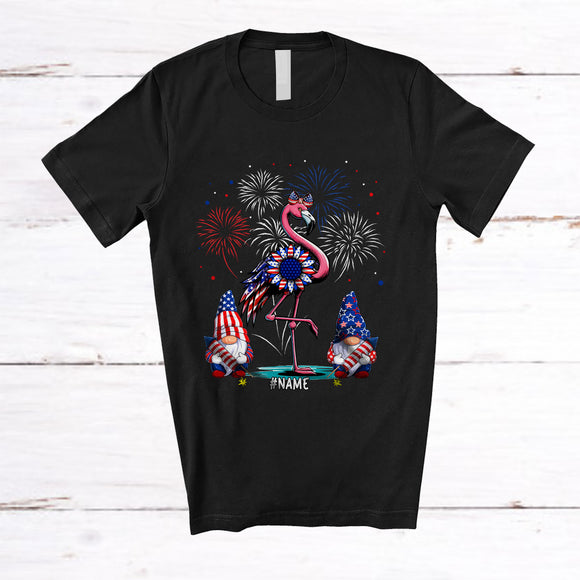 MacnyStore - Personalized Flamingo With Headband US Flag; Adorable 4th of July Custom Name Patriotic Sunflower T-Shirt