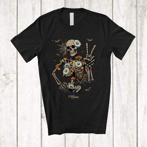 MacnyStore - Personalized Floral Fall Skeleton; Awesome Halloween Custom Name Daisy Flowers; Family T-Shirt