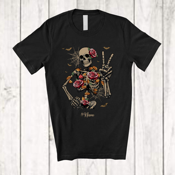 MacnyStore - Personalized Floral Fall Skeleton; Awesome Halloween Custom Name Rose Flowers; Family T-Shirt