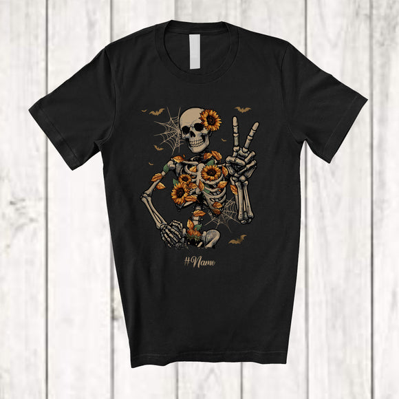MacnyStore - Personalized Floral Fall Skeleton; Awesome Halloween Custom Name Sunflower Flowers; Family T-Shirt