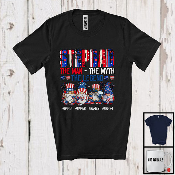 MacnyStore - Personalized Four Gnomes Custom Name Stepdad Myth Legend, Proud 4th Of July Patriotic, Family T-Shirt