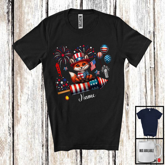 MacnyStore - Personalized Fox Riding Firecracker, Lovely 4th Of July USA Flag Custom Name, Zoo Animal T-Shirt