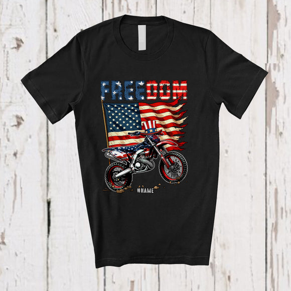 MacnyStore - Personalized Freedom; Awesome 4th Of July American Flag Custom Name Dirt Bike; Patriotic T-Shirt
